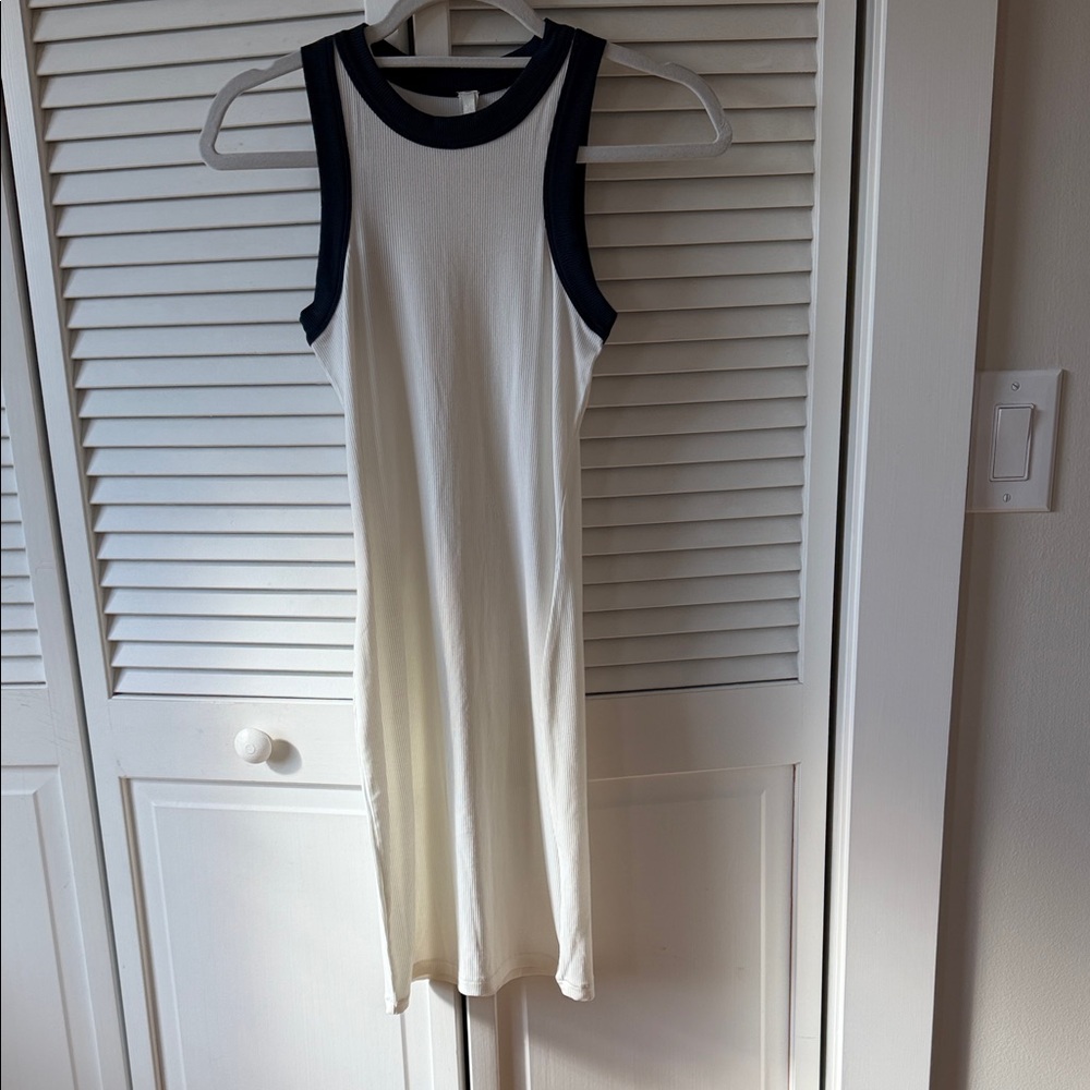 Sleeveless White ribbed and navy trim Dress